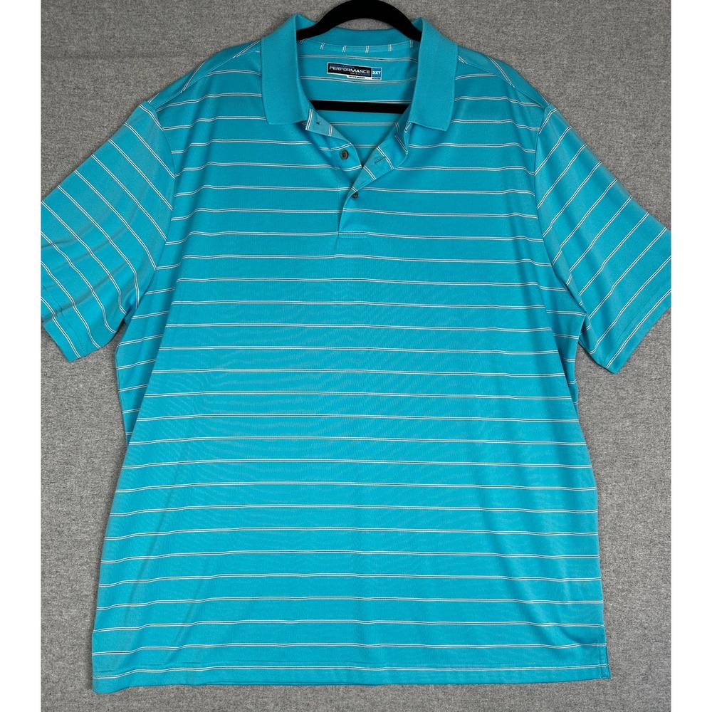 Roundtree Yorke Performance Polo Shirt Mens‎ 2XT Turquoise Blue Striped Golf
